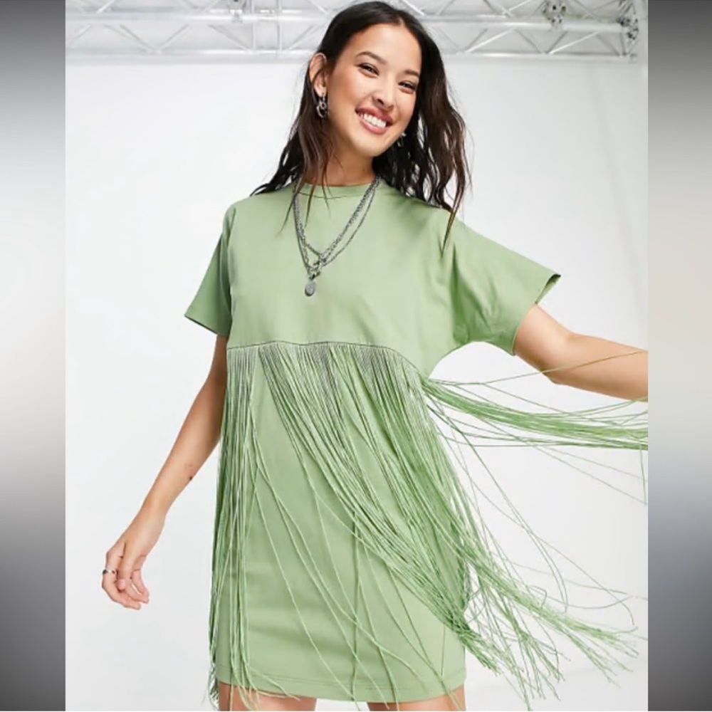 ASOS Green Fringe T-Shirt Dress Size 4 Boho Festival